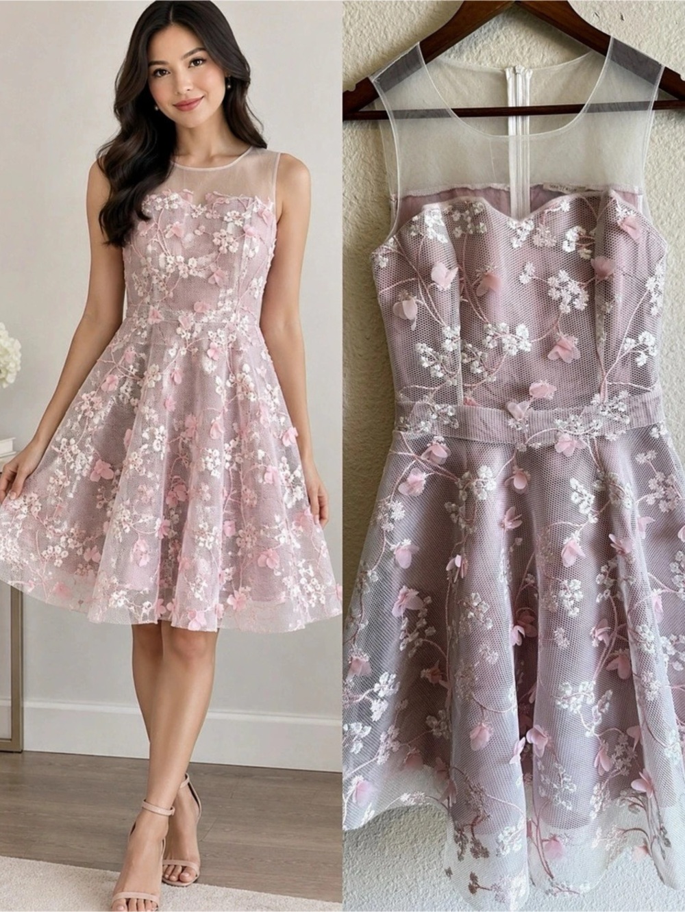 Solemio Women’s Pink Floral Embroidered Sheer Neckline Mini Dress – Size S